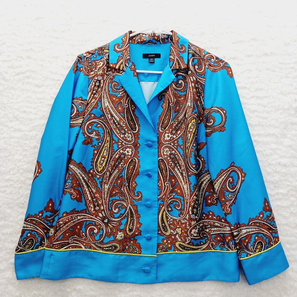 Jacket Blouse Covered Buttons Blue Paisley Whimsycore Chic Button-Up Size XS